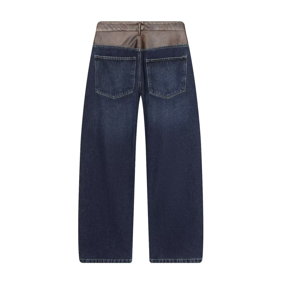Damen hochgeschnittene Jeans mit weitem Bein und Lederbesatz am Bund Drune