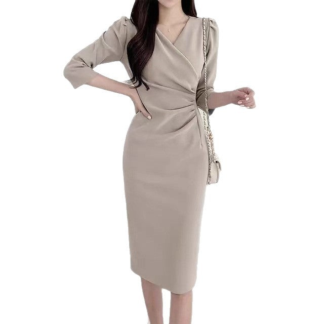 Damen Elegant-tailliertes Drapé-Etuikleid mit asymmetrischer Wickel-Optik und 3/4-Ärmeln Drune