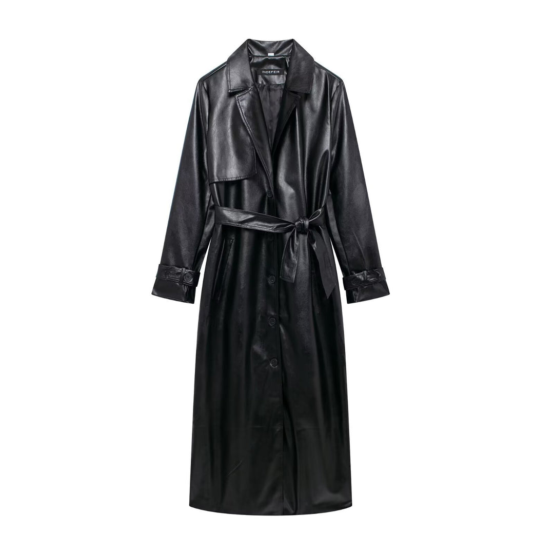Damen Doppelreihiger Trenchcoat aus Kunstleder mit Gürtel Drune