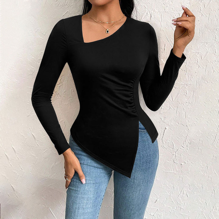 Damen asymmetrisches Langarm-Shirt mit diagonalem Cut-Out, taillierter Seitenraffung und spitz zulaufendem Zipfel-Saum Drune