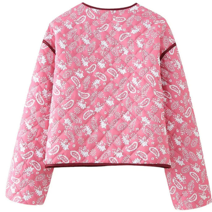 Damen Gesteppte kurz geschnittene Steppjacke mit V‑Ausschnitt und floraler Paisley‑Optik Drune