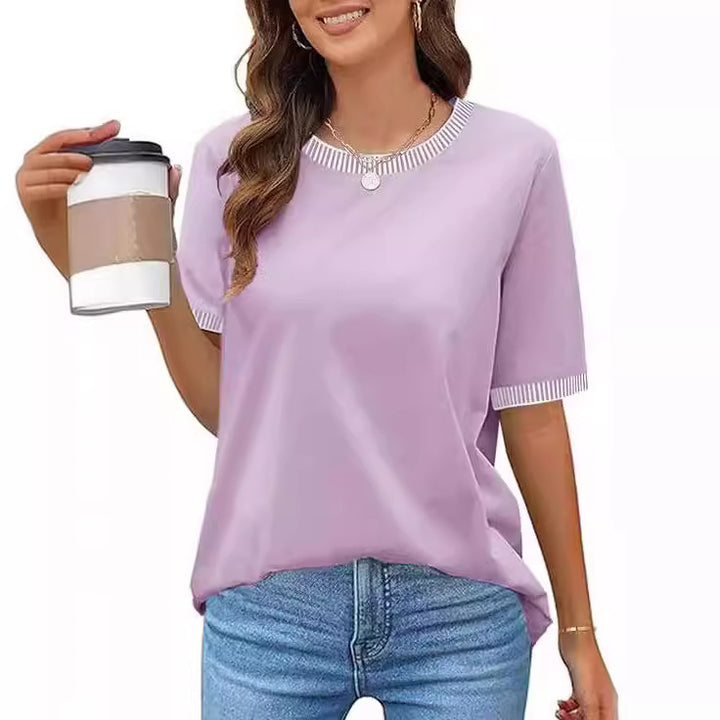 Damen lässiges Kurzarm-Shirt mit modischem Streifenkragen Drune