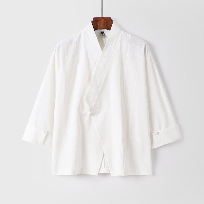 Herren Leinen-Kimono-Jacke mit traditionellem Knotenverschluss und mittel-langen Ärmeln Drune