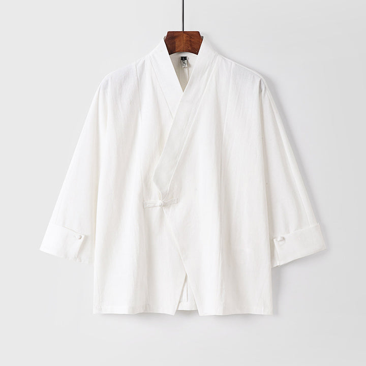 Herren Leinen-Kimono-Jacke mit traditionellem Knotenverschluss und mittel-langen Ärmeln Drune