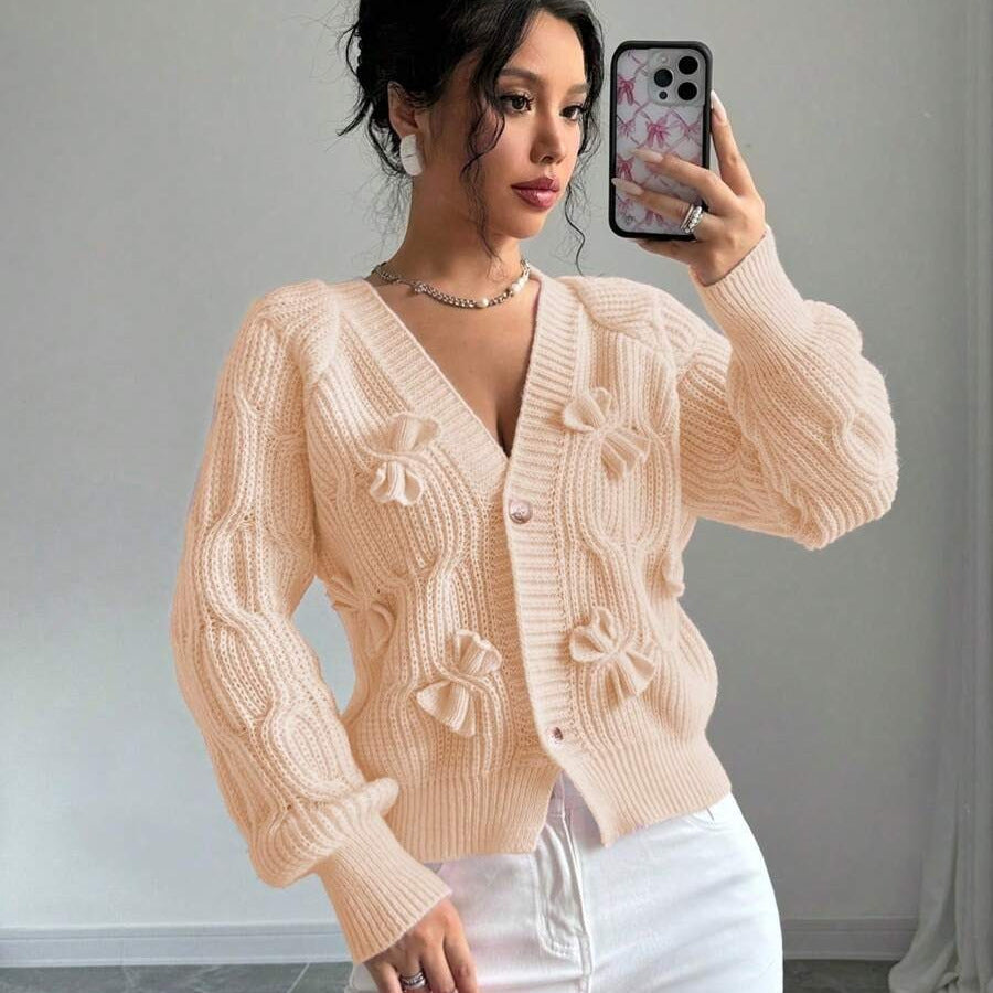 Damen Grob gestrickte Cardigan mit Blumenverzierungen und V-Ausschnitt Drune