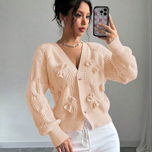 Damen Grob gestrickte Cardigan mit Blumenverzierungen und V-Ausschnitt Drune
