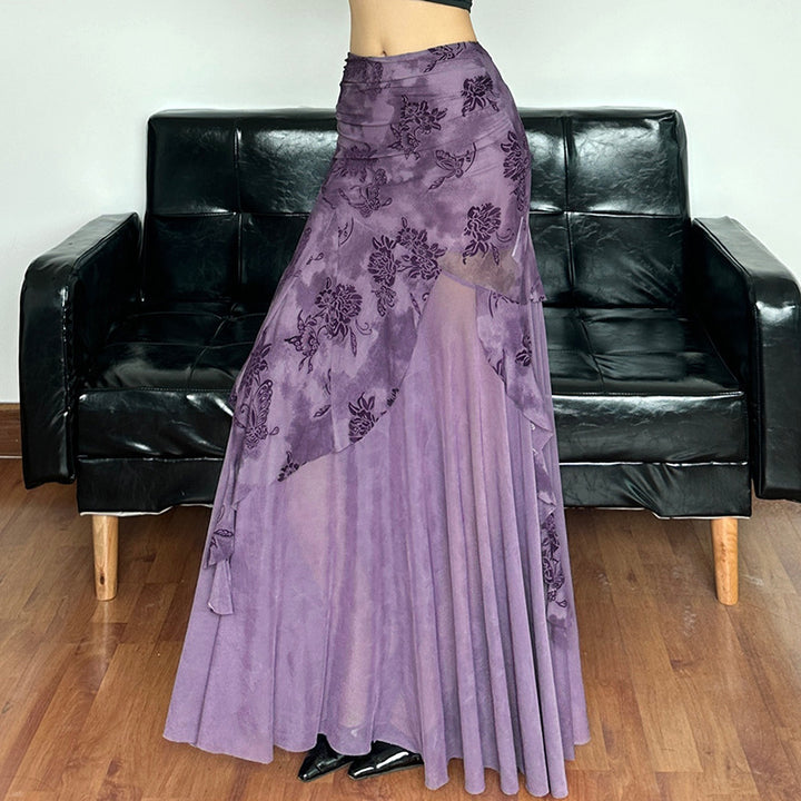 Damen eleganter asymmetrischer Maxirock mit floralen Verzierungen Drune