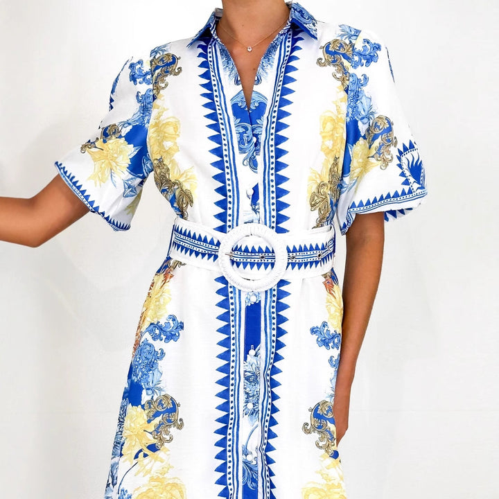 Damen Maxikleid mit floralem Knopfleisten-Design und tailliertem Gürtel Drune