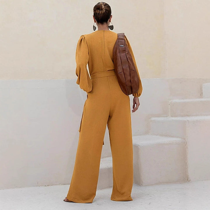 Damen Eleganter Palazzo-Jumpsuit mit tiefem V‑Ausschnitt, Bindegürtel und Ballonärmeln Drune