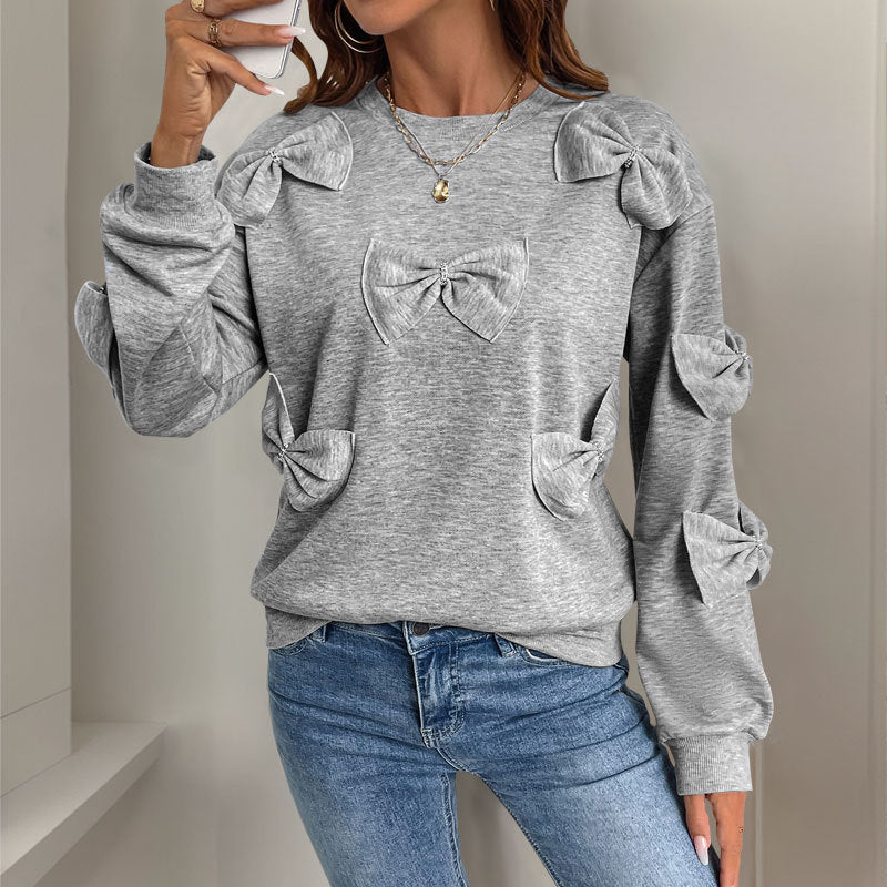 Damen Kuschel-Sweatshirt mit 3D-Schleifenapplikationen, Rundhals & Rippbündchen Drune