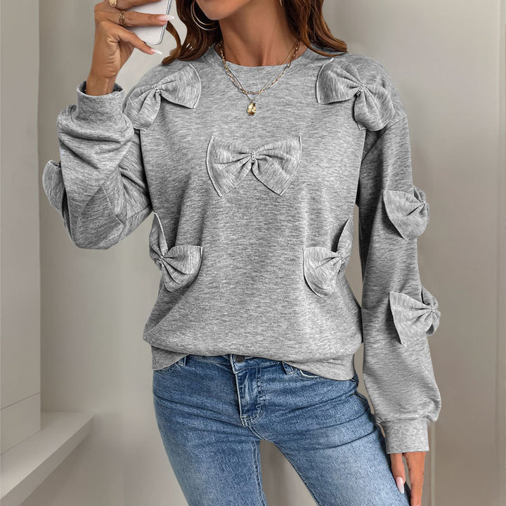 Damen Kuschel-Sweatshirt mit 3D-Schleifenapplikationen, Rundhals & Rippbündchen Drune