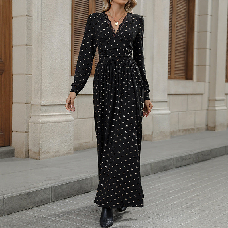 Damen Elegantes Maxi-Wickelkleid mit Spitzenbesatz, hohem Brustbund und gerafftem Volumenrock Drune