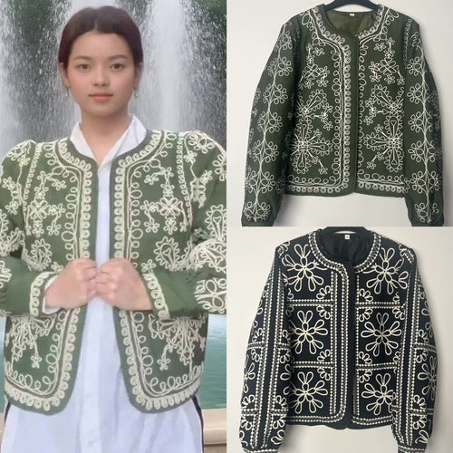 Damen Patchwork-Design Jacke mit floralem Muster und eleganten Applikationen Drune