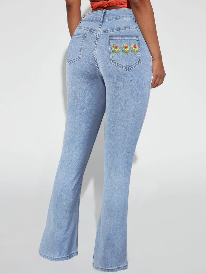 Damen Taillenhohe Schlagjeans mit Gänseblümchen-Stickerei und formendem Schnitt Drune