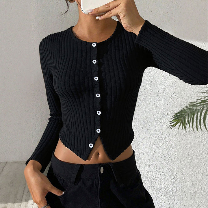 Damen gerippte Cropped-Strickjacke mit spitzem Saum und Knopfverschluss Drune