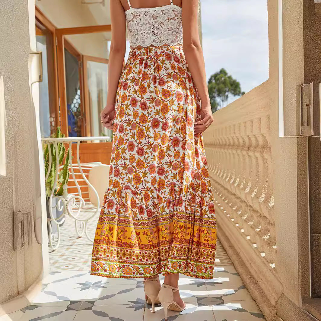 Damen Maxirock mit floralem Design und romantischem Volant Drune