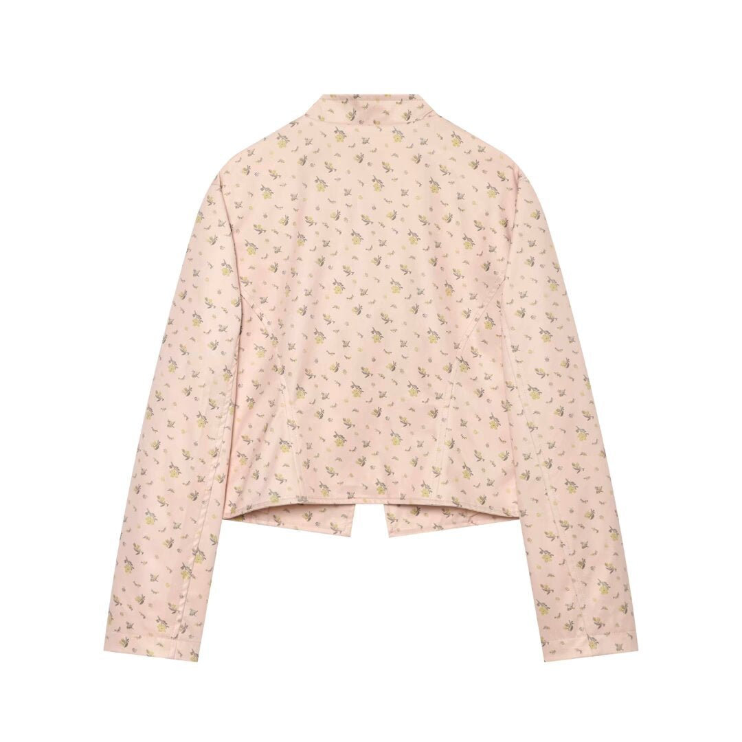 Damen Kurz geschnittene Satin-Militärjacke mit dekorativen Froschverschlüssen und Blumenprint Drune