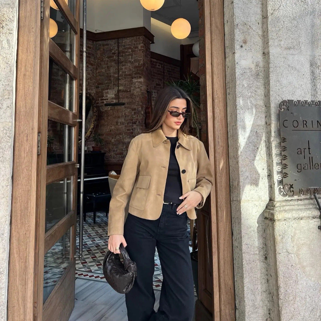 Damen elegante Kurzjacke aus weichem Kunstleder mit aufgesetzten Taschen Drune