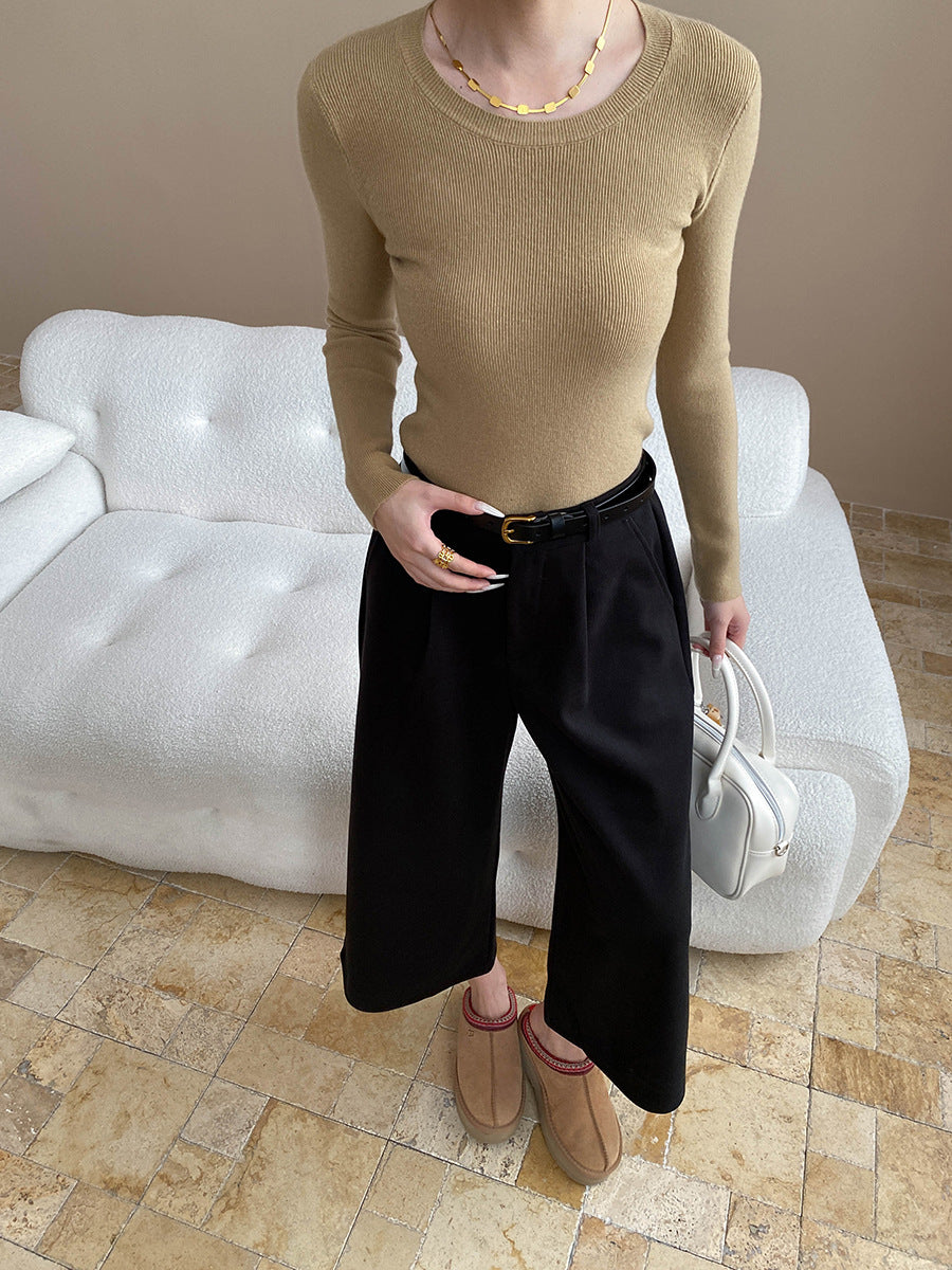 Damen figurbetontes Rippenshirt mit Rundhalsausschnitt und langem Arm Drune