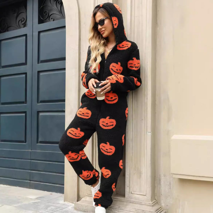 Damen Gemütlicher Halloween-Jumpsuit mit Kapuze und kuscheligem Fleece Drune