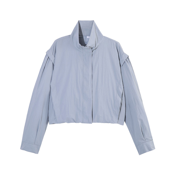 Damen Cropped-Blouson mit Stehkragen, geraffter Schulterpasse und weitem Ballonärmel Drune