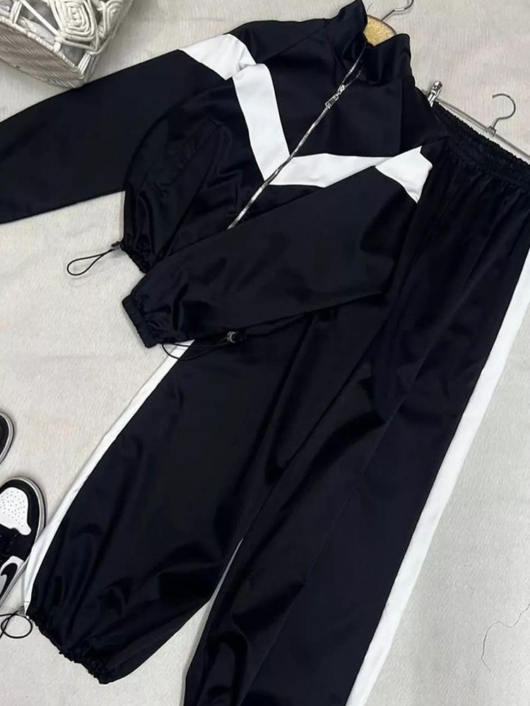 Damen nan Satin-Trackset mit Stehkragen, Chevron-Streifen und Kordelzug Drune