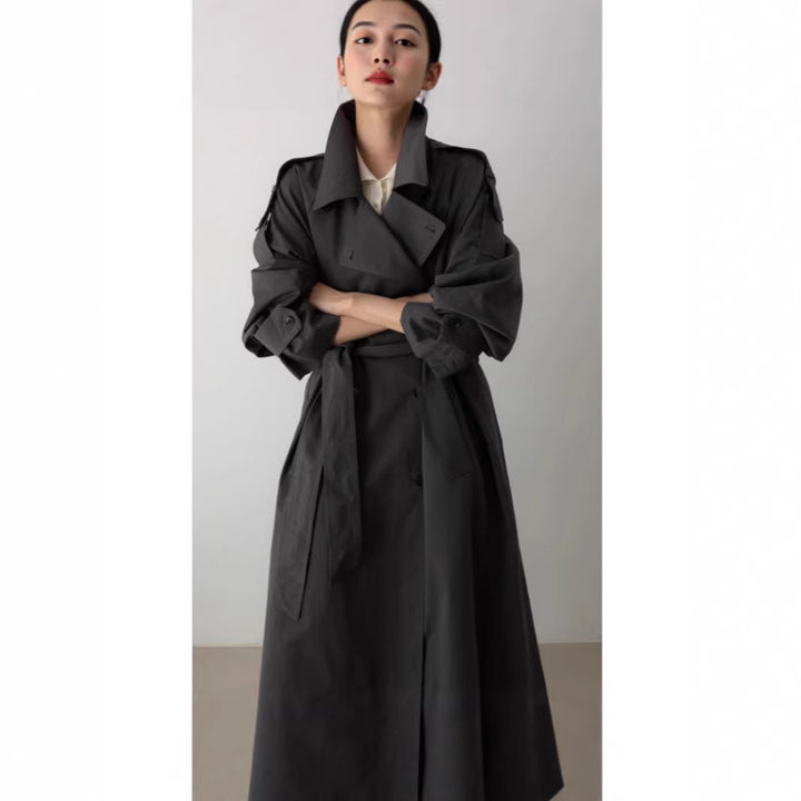 Damen Oversize Maxi-Trenchcoat mit Taillengürtel und doppelter Knopfleiste Drune
