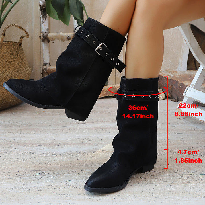 Damen Mid-Calf-Stiefel mit Schnallenriemen und niedrigem Blockabsatz Drune