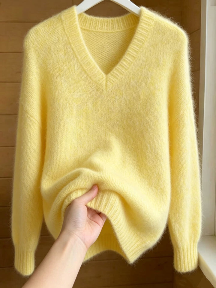 Damen Flauschiger Mohair-Mix Oversize-Pullover mit tiefem V-Kragen Drune
