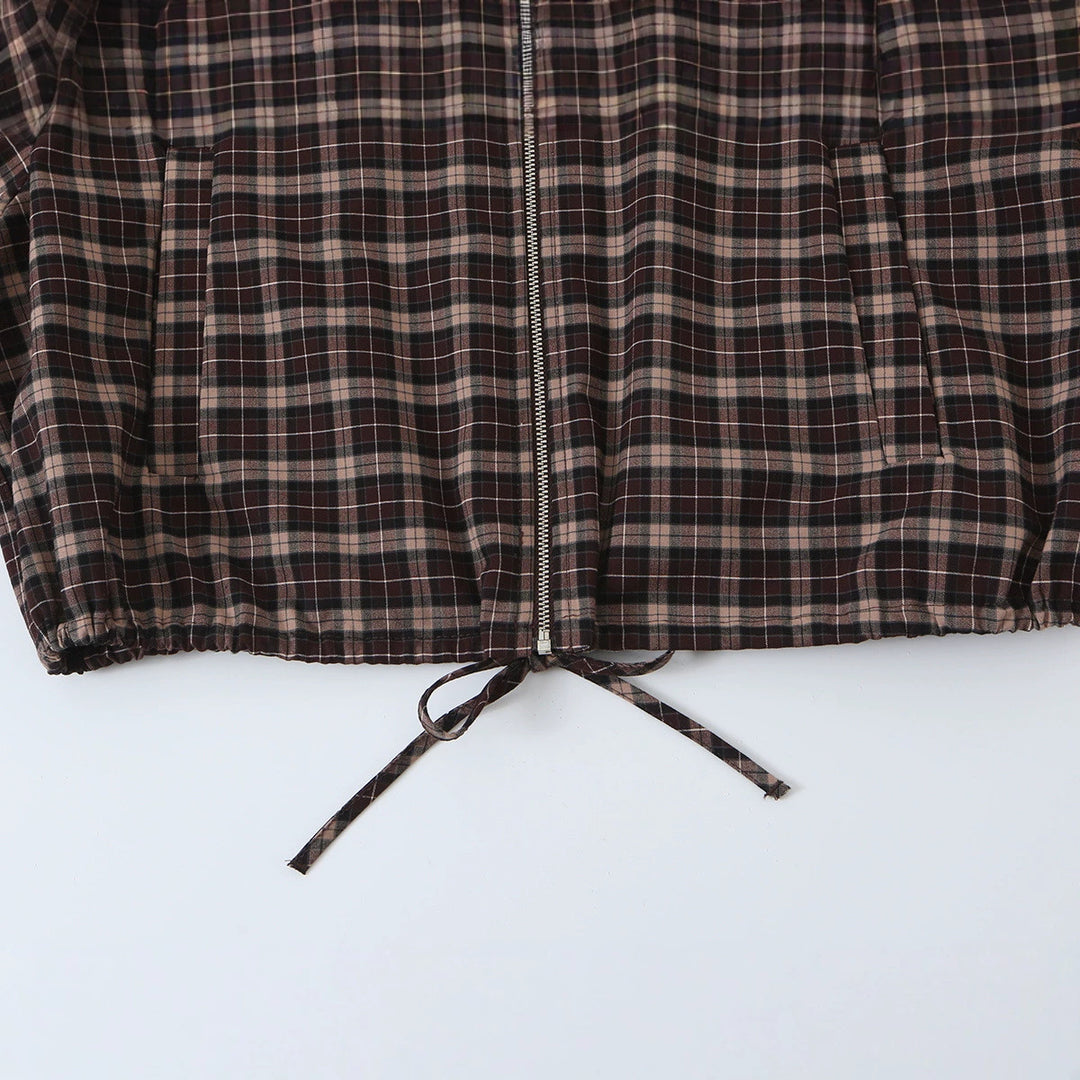 Damen Karierter Cropped-Blouson mit Stehkragen, Tunnelzugsaum und Eingrifftaschen Drune