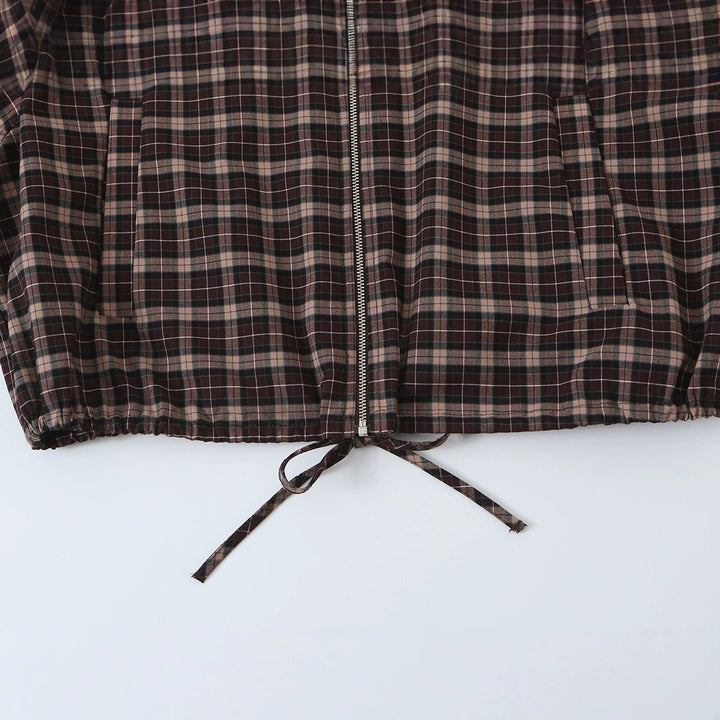 Damen Karierter Cropped-Blouson mit Stehkragen, Tunnelzugsaum und Eingrifftaschen Drune