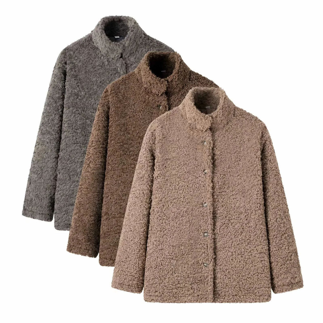Damen nan kastige Teddyjacke mit Stehkragen, Druckknopfleiste und wärmender Microfleece-Qualität Drune