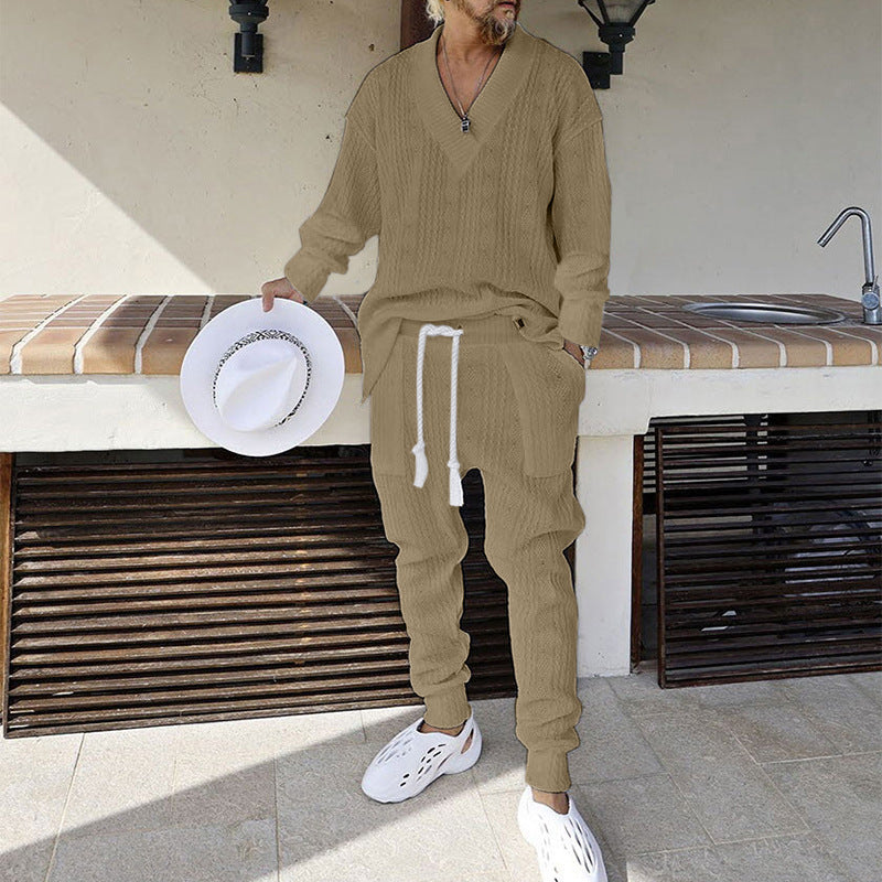 Herren Strukturiertes Strick-Loungewear-Set mit V-Ausschnitt und Tunnelzug-Jogginghose Drune