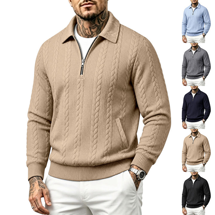 Herren Strukturiertes Kabelstrick-Halbreißverschluss-Pullover mit Hemdkragen und Rippbündchen Drune