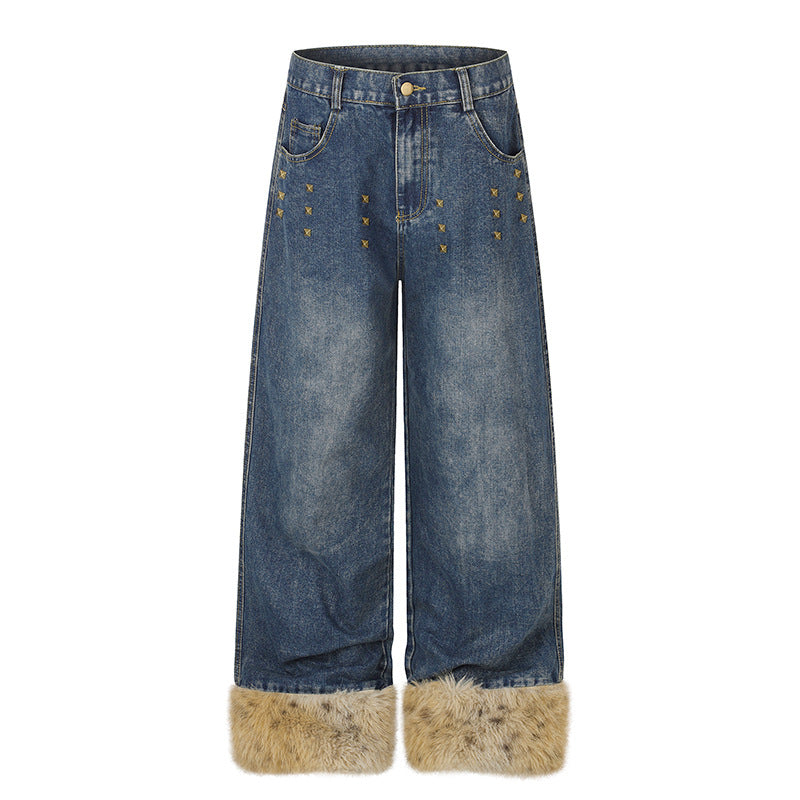 Damen Weite Denim-Palazzo-Jeans mit Fellbündchen und Nieten Drune