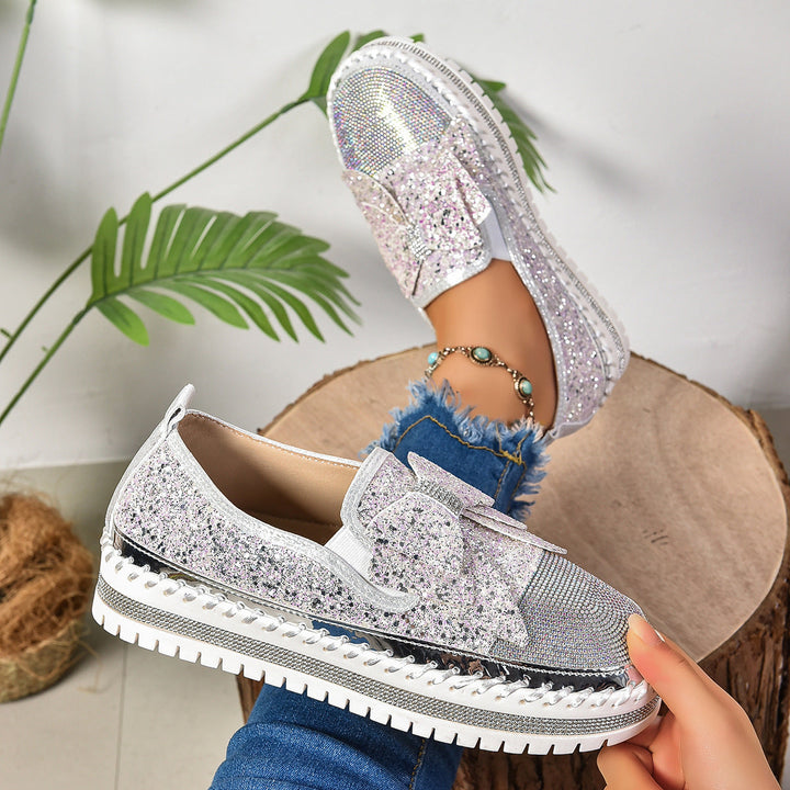 Damen Glitzernde Slip-On Sneakers mit funkelndem Schleifendesign und rutschfester Sohle Drune
