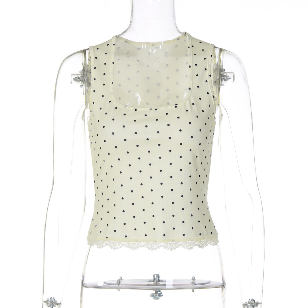 Damen Polka-Dots Trägershirt mit Spitzenrand Drune