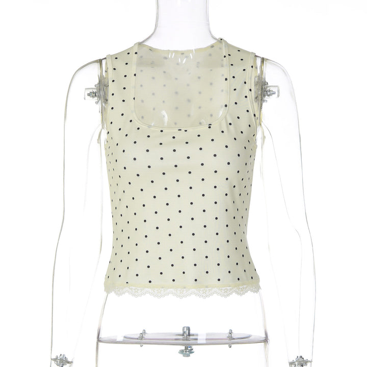 Damen Polka-Dots Trägershirt mit Spitzenrand Drune