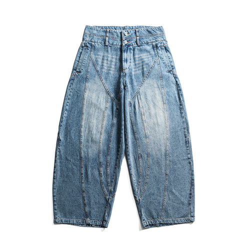 Damen hochtaillierte Ballon-Jeans mit Ziernähten und elastischem Saum Drune
