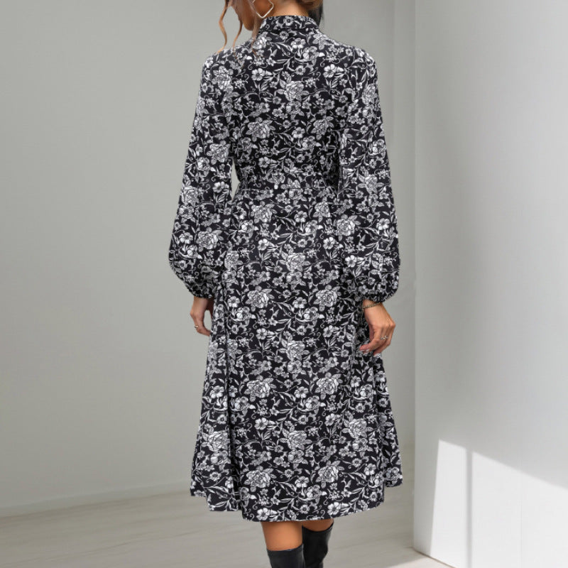 Damen Midikleid mit Spitzenbesatz am Ausschnitt, verdeckter Knopfleiste, Taillenbindegürtel & floralem Allover-Print Drune
