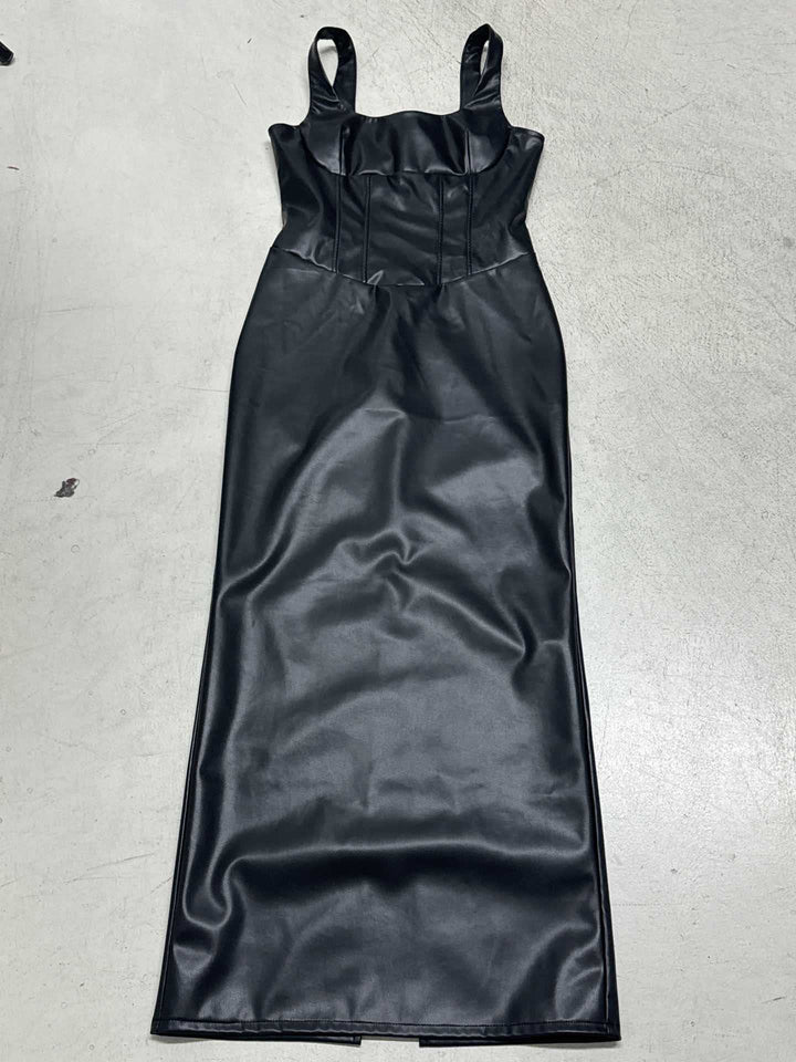 Damen Figurumspielendes Kunstlederkleid mit charmanten Trägern Drune