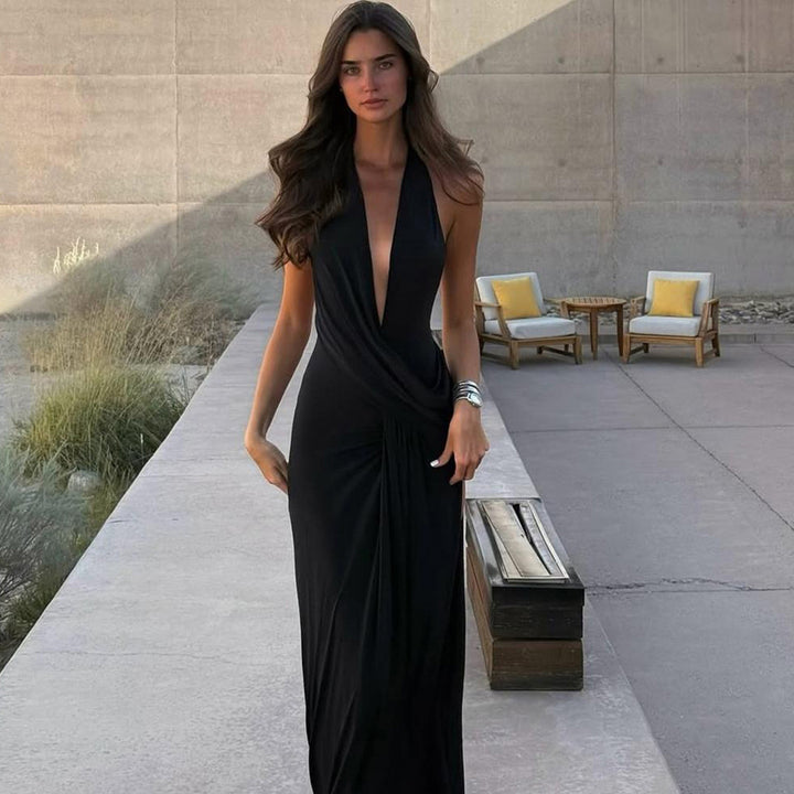 Damen elegantes Wickelkleid mit tiefem V-Ausschnitt und fließendem Stoff Drune