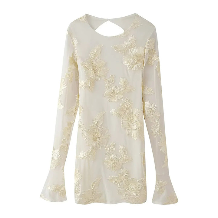 Damen nan bestickte Chiffonbluse mit floraler 3D-Applikation, Cut-Out Rücken und ausgestellten Manschetten Drune