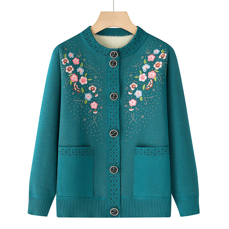 Damen nan bestickte Strickjacke mit Rundhals, aufgesetzten Taschen und dekorativer Knopfleiste Drune