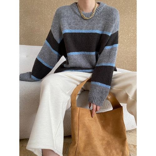 Damen gemütlicher Oversized-Pullover mit modischen Streifen Drune