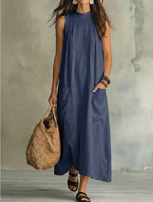 Damen nan ärmelloses Leinen-Maxikleid mit Stehkragen, Brustfalten und aufgesetzten Taschen Drune
