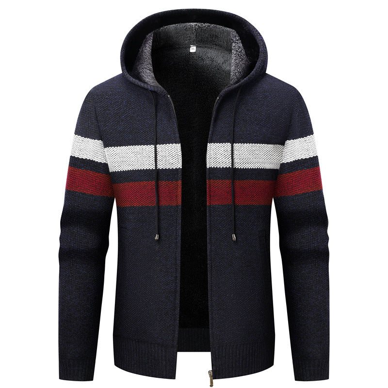 Herren Kapuzen-Strickjacke mit Teddyfutter, Reißverschluss und Kontraststreifen Drune