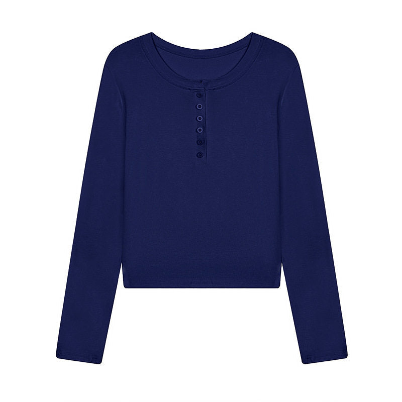 Damen Kurz geschnittenes Henley Langarmshirt aus Baumwolljersey mit Knopfleiste Drune