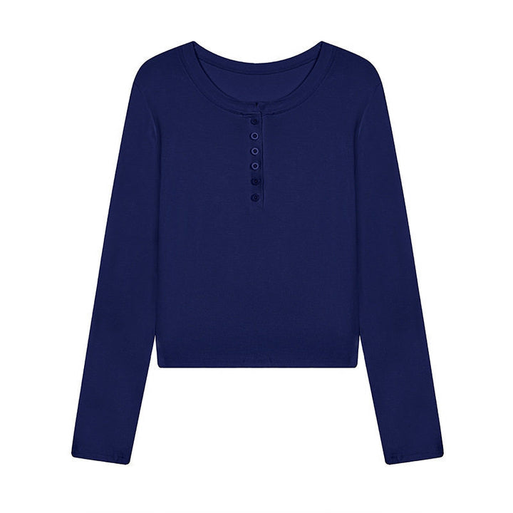 Damen Kurz geschnittenes Henley Langarmshirt aus Baumwolljersey mit Knopfleiste Drune