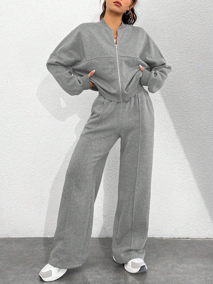 Damen Loungewear-Set mit kurzem Reißverschluss-Bomber und weiter High-Waist Jogginghose Drune